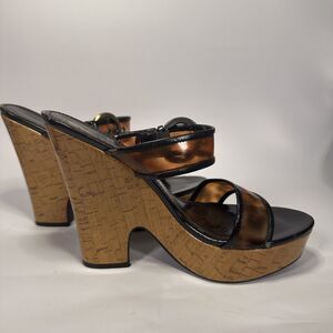 Paolo Brazil Tortoise Shell Wedge Sandals Vintage  Size 10 Platform Ankle Strap